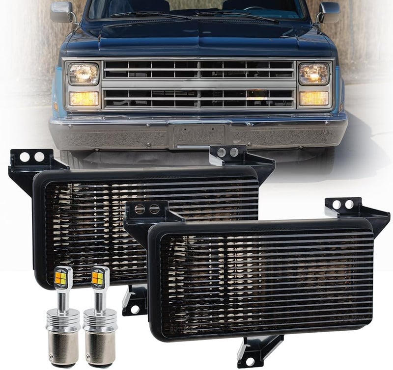 Mingrui test OEM Front Turn Signal Lights for 83-86 Chevy C/K C10 C20 C30 K10 K20 K30 GMC C1500 K1500 Amber Bumper Signal & White Parking Light Corner Marker OEM# 915908 GM2520122 Smoked Lens With 2Pcs Led Bulbs - Image 1